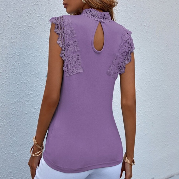 Boho Lace Mock neck Sleeveless Tank Top Purple - Picture 13 of 16